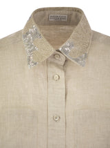 Brunello Cucinelli Linen Linen Shirt With Dazzling Magnolia Collar - Women