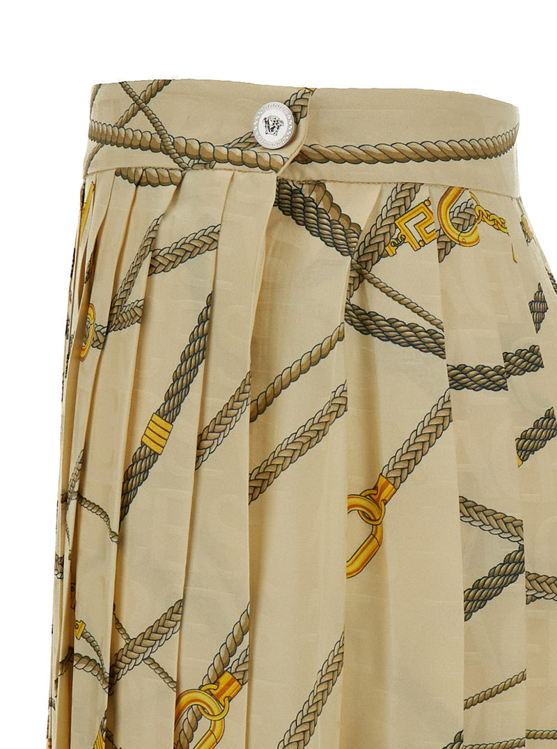 Versace Pale Yellow Pleated Mini Skirt With All-over Logo Print In Silk Blend Woman - Women