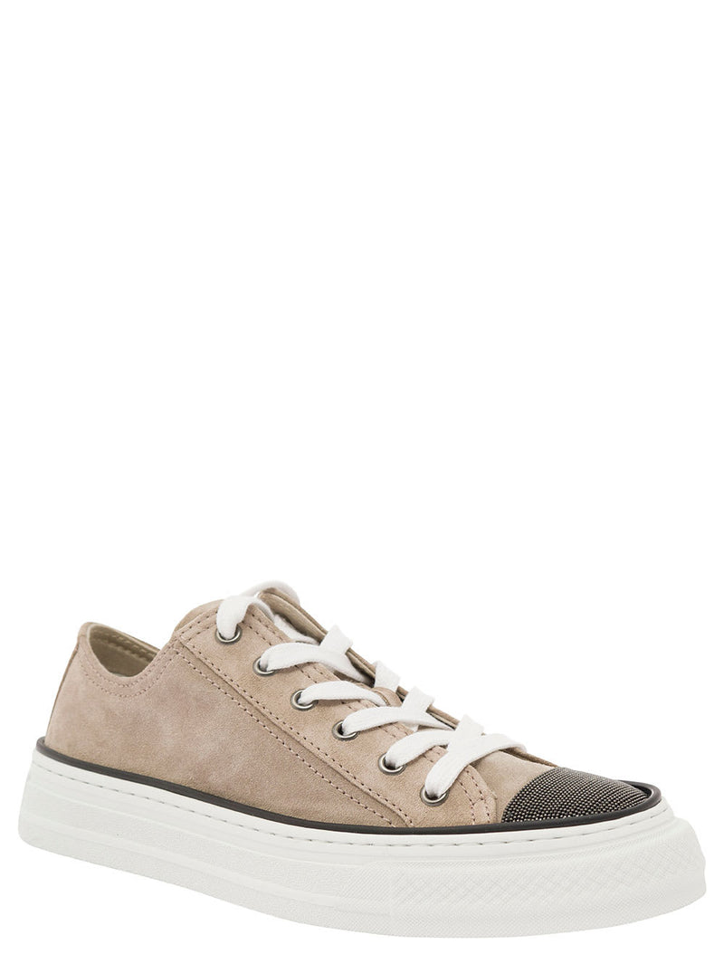 Brunello Cucinelli Beige Low Top Sneakers With Monile Embellishment In Suede Woman - Women