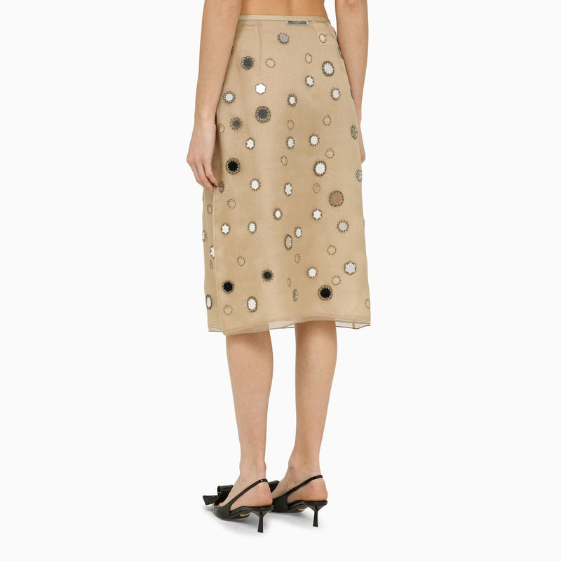 Prada Beige Silk Midi Skirt With Mirrors - Women