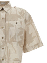 Brunello Cucinelli Beige Leaf Print Shirt In Linen Woman - Women