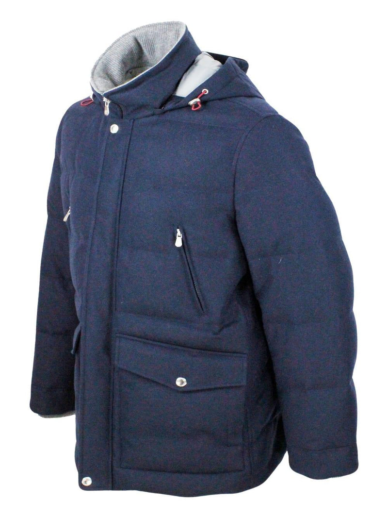 Brunello Cucinelli Down Jacket In Wool, Silk And Cashmere Padded With Fine Goose Down With Detachable Hood And Front Pockets - Men - Piano Luigi