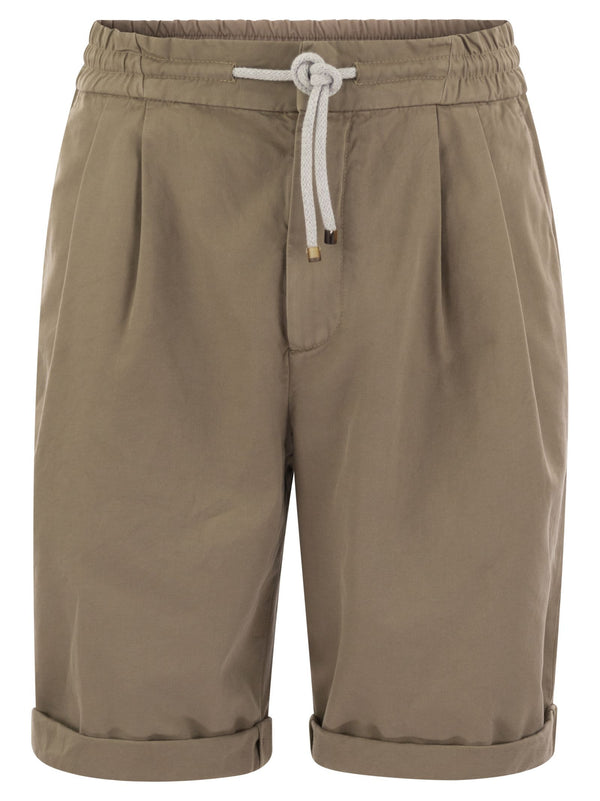 Brunello Cucinelli Bermuda Shorts In Garment-dyed Cotton Gabardine With Drawstring And Double Darts - Men