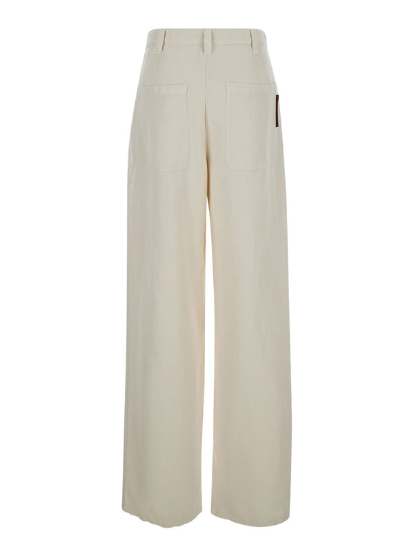 Brunello Cucinelli White High-waisted Straight Leg Trousers In Cotton Blend Woman - Women