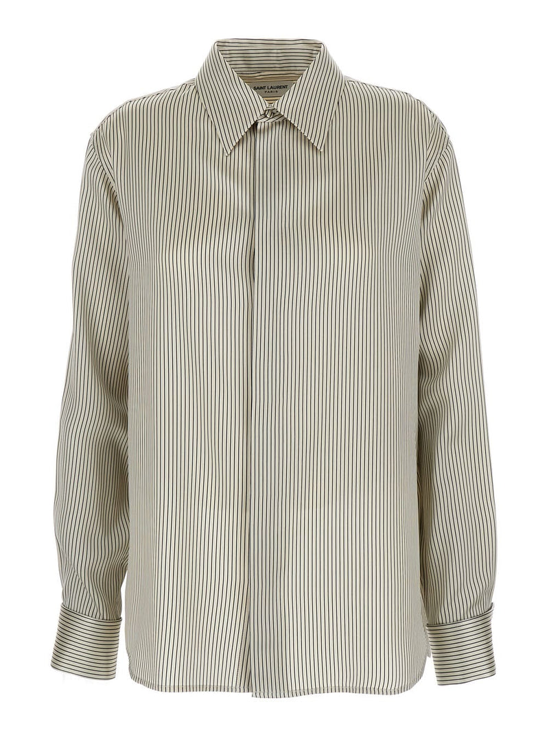 Saint Laurent Grey Boyfriend Striped Shirt In Silk Woman - Women