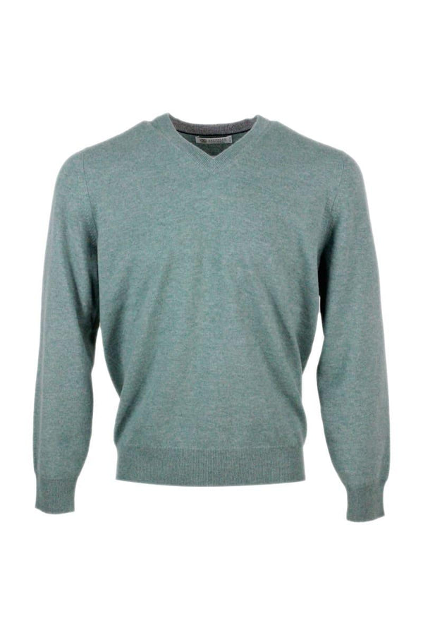 Brunello Cucinelli 100% Cashmere V-neck Sweater With Contrasting Profile - Men - Piano Luigi