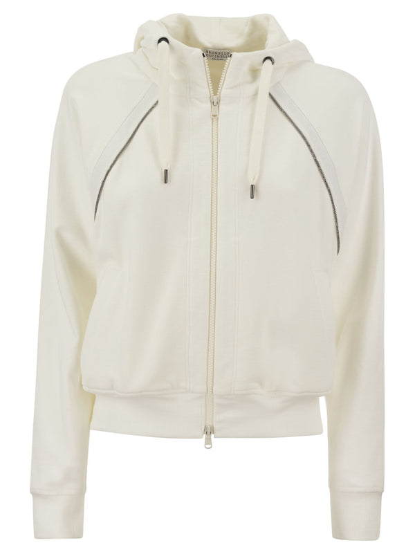 Brunello Cucinelli Smooth Cotton Fleece Hooded Topwear With Shiny Piping - Women