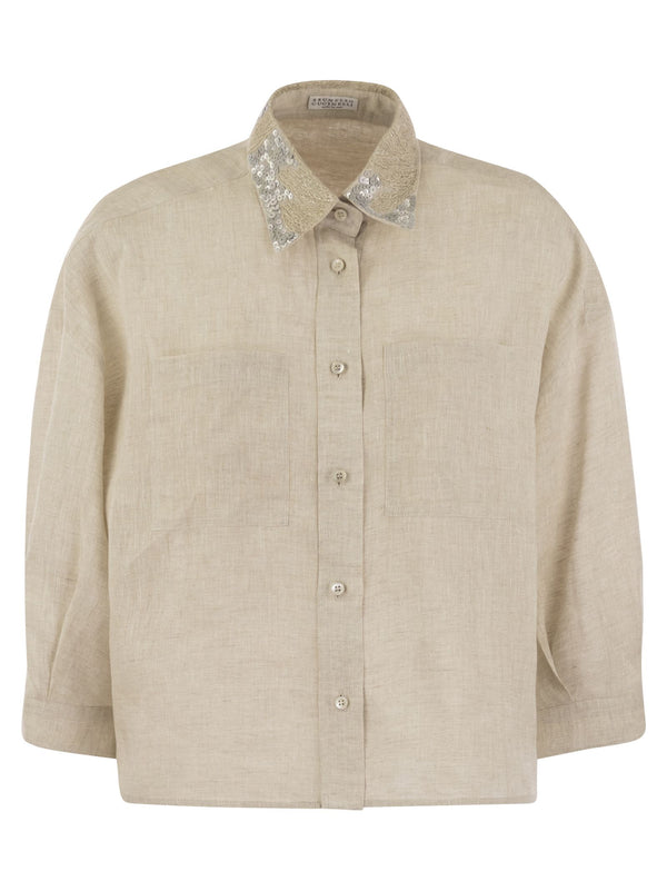 Brunello Cucinelli Linen Linen Shirt With Dazzling Magnolia Collar - Women