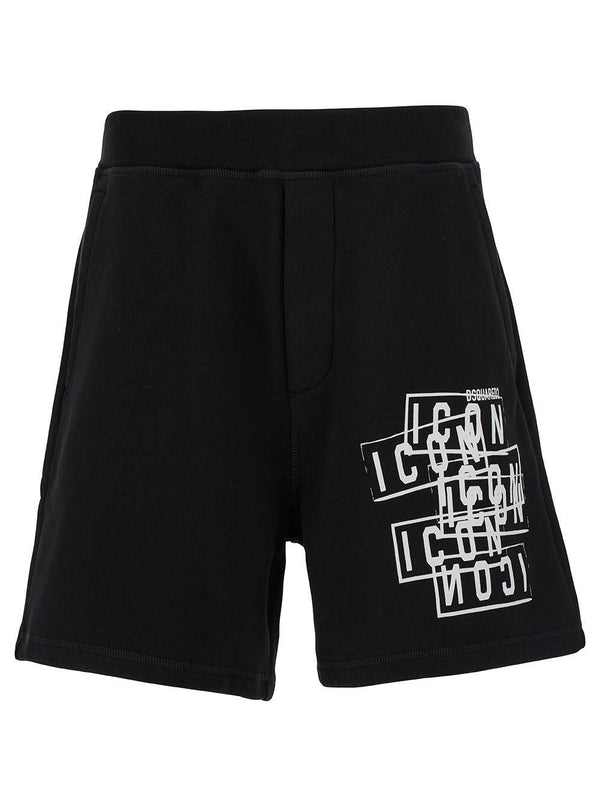 Dsquared2 Black Bermuda Shorts With Icon Logo Print In Cotton Man - Men - Piano Luigi