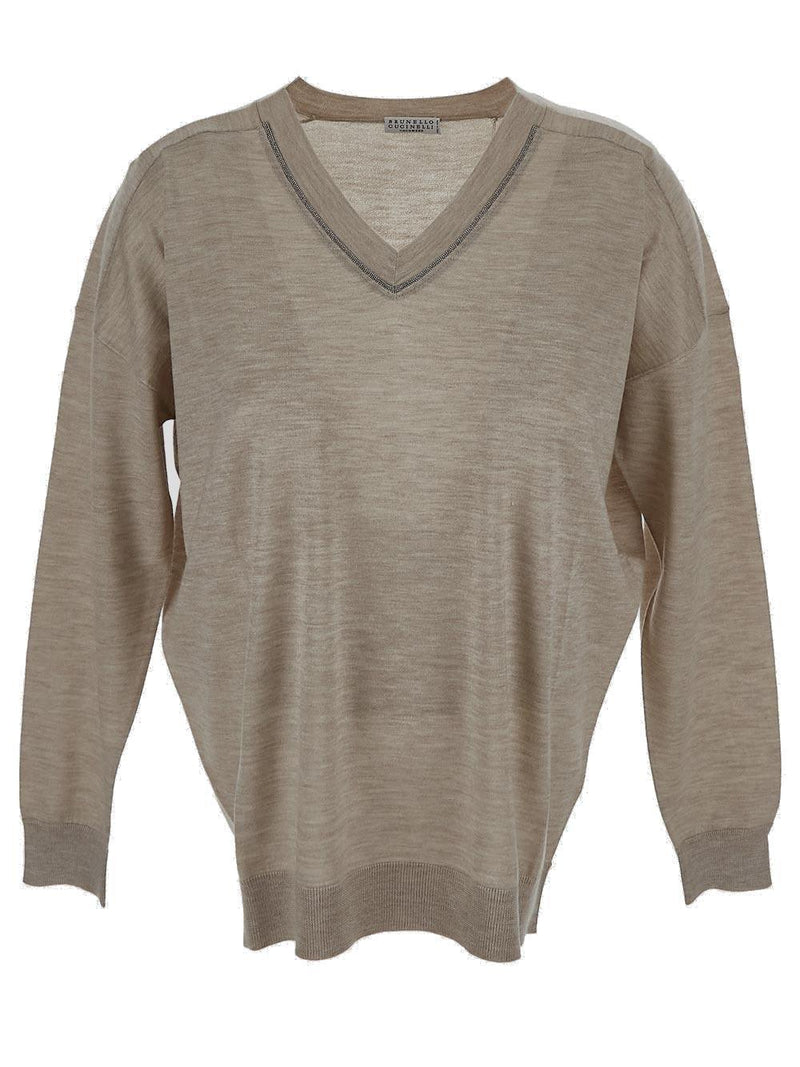 Brunello Cucinelli V-neck Embellished Knitted Jumper - Women