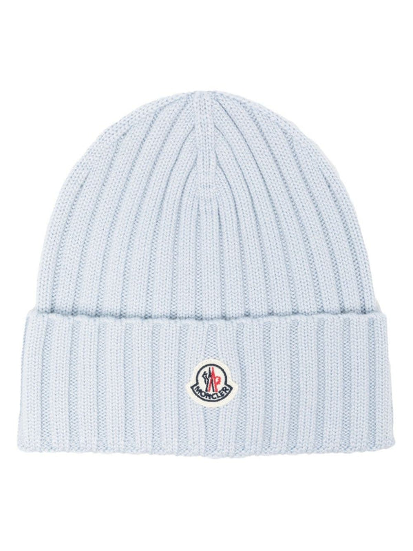 Moncler Bright Blue Ribbed Wool Beanie With Logo - Women
