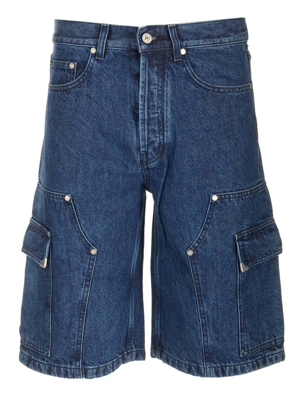 Palm Angels Cargo Bermuda Shorts In Blue Denim - Men