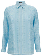 Versace Light Blue Shirt With Tonal Barocco Print In Silk Woman - Women