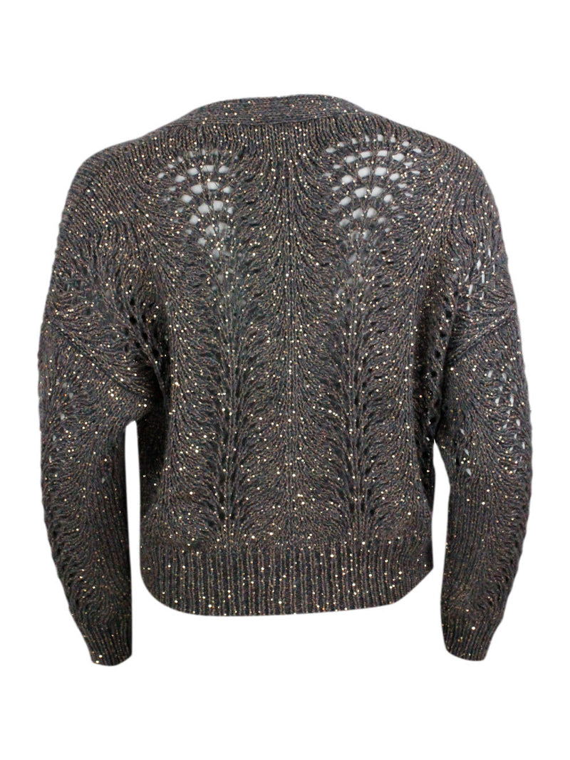 Brunello Cucinelli Cardigan Sweater With Buttons In Precious And Refined Feather Cashmere Embellished With A Dazzling Yarn With Sequins For A Shiny And Three-dimensional - Women