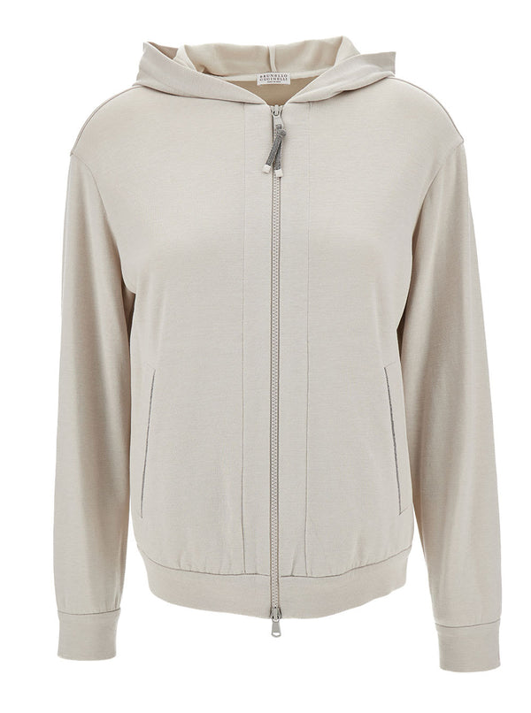 Brunello Cucinelli Beige Hoodie With Zip Closure In Cotton And Silk Woman - Women