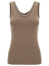 Brunello Cucinelli Brown Rib Tank Top With Monile Detail In Stretch Cotton Woman - Women