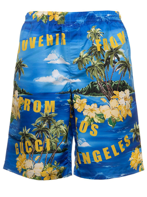 Gucci Light-blue Swim Shorts With All-over Graphic Print In Nylon Man - Men - Piano Luigi
