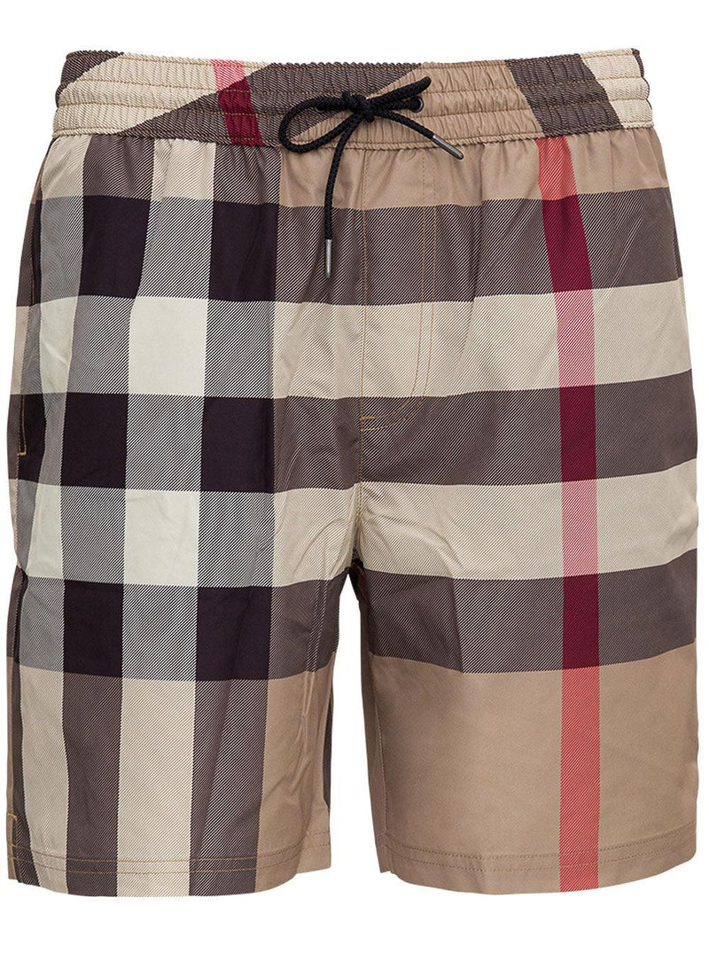 Burberry Beige Swim Trunks With All-over Vintage Check Motif In Nylon Man - Men - Piano Luigi