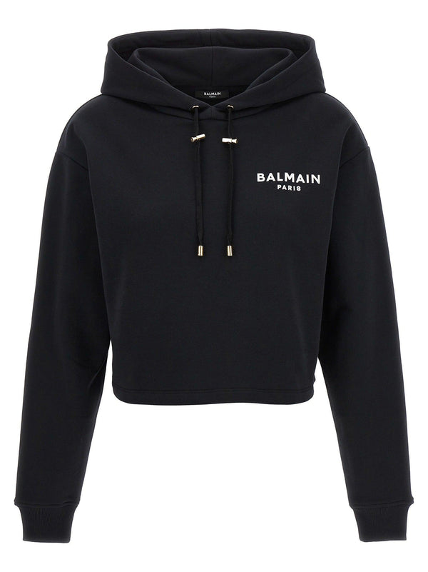 Balmain Flocked Logo Cropped Hoodie - Women - Piano Luigi