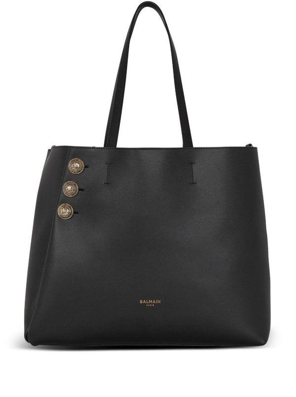 emblème Black Tote Bag With Balmain Coin Buttons And Logo Print In Smooth Leather Woman - Women - Piano Luigi