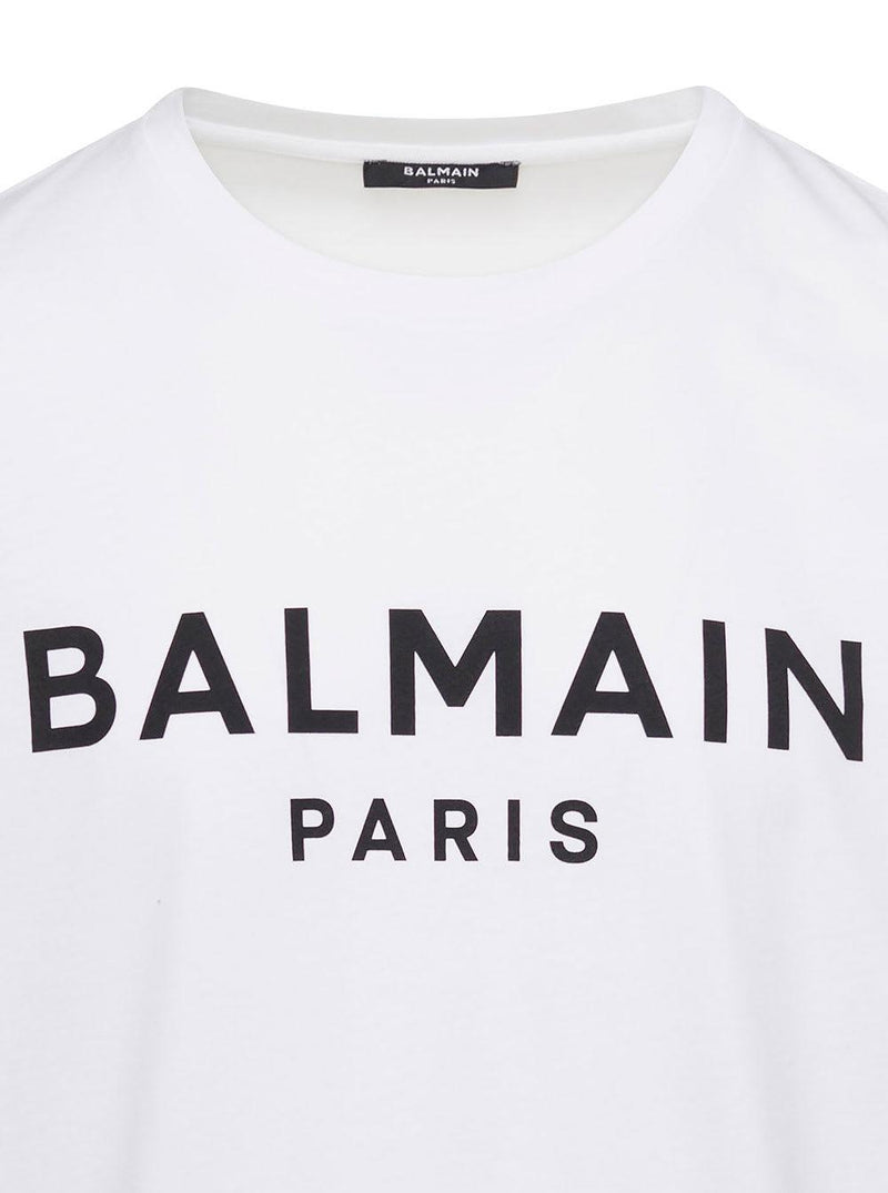 Balmain White Crewneck T-shirt With Contrasting Logo Lettering Print In Cotton Man - Men - Piano Luigi