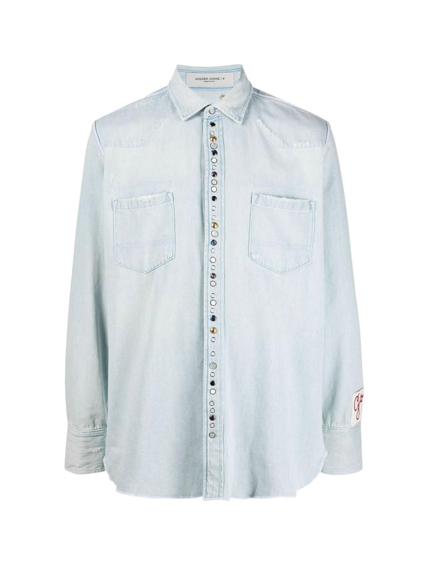 Golden Goose Golden M`s Regular Shirt Bleached Washed Denim With Hammered Studs - Men - Piano Luigi