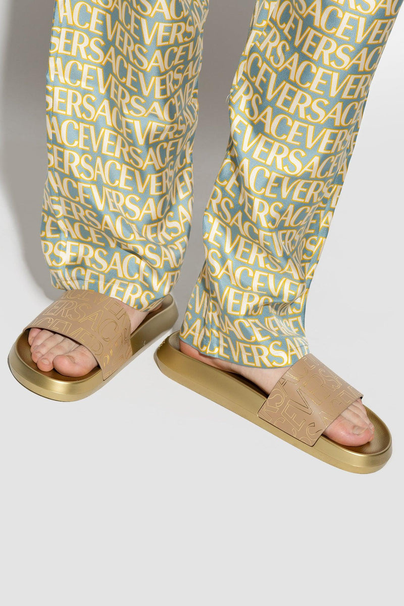 Versace Beige Slides With ‘Versace Allover’ Pattern - Men - Piano Luigi