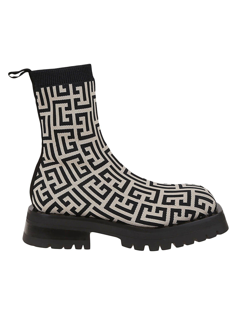 Balmain Black And Ivory Jacquard Knitted Ankle Boot With Monogram - Women - Piano Luigi