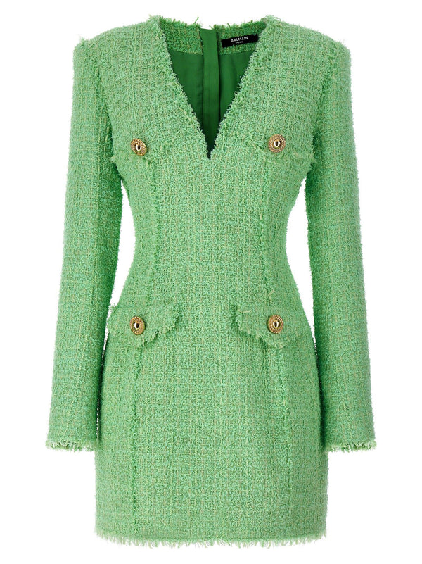 Balmain Logo Button Tweed Dress - Women - Piano Luigi