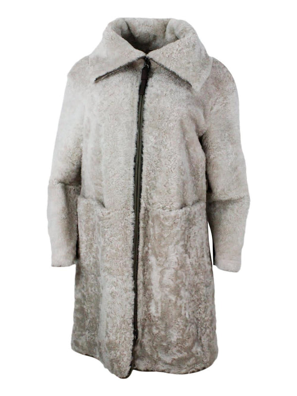Brunello Cucinelli Long Coat In Precious And Refined Shearling Sheepskin With Zip Closure Embellished With Rows Of Brilliant Jewels And With Front Pockets - Women - Piano Luigi