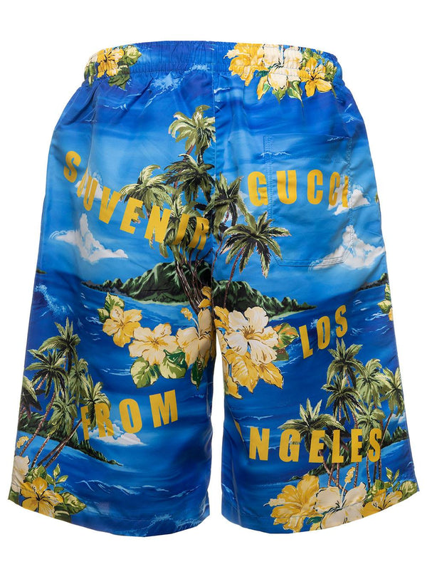 Gucci Light-blue Swim Shorts With All-over Graphic Print In Nylon Man - Men - Piano Luigi