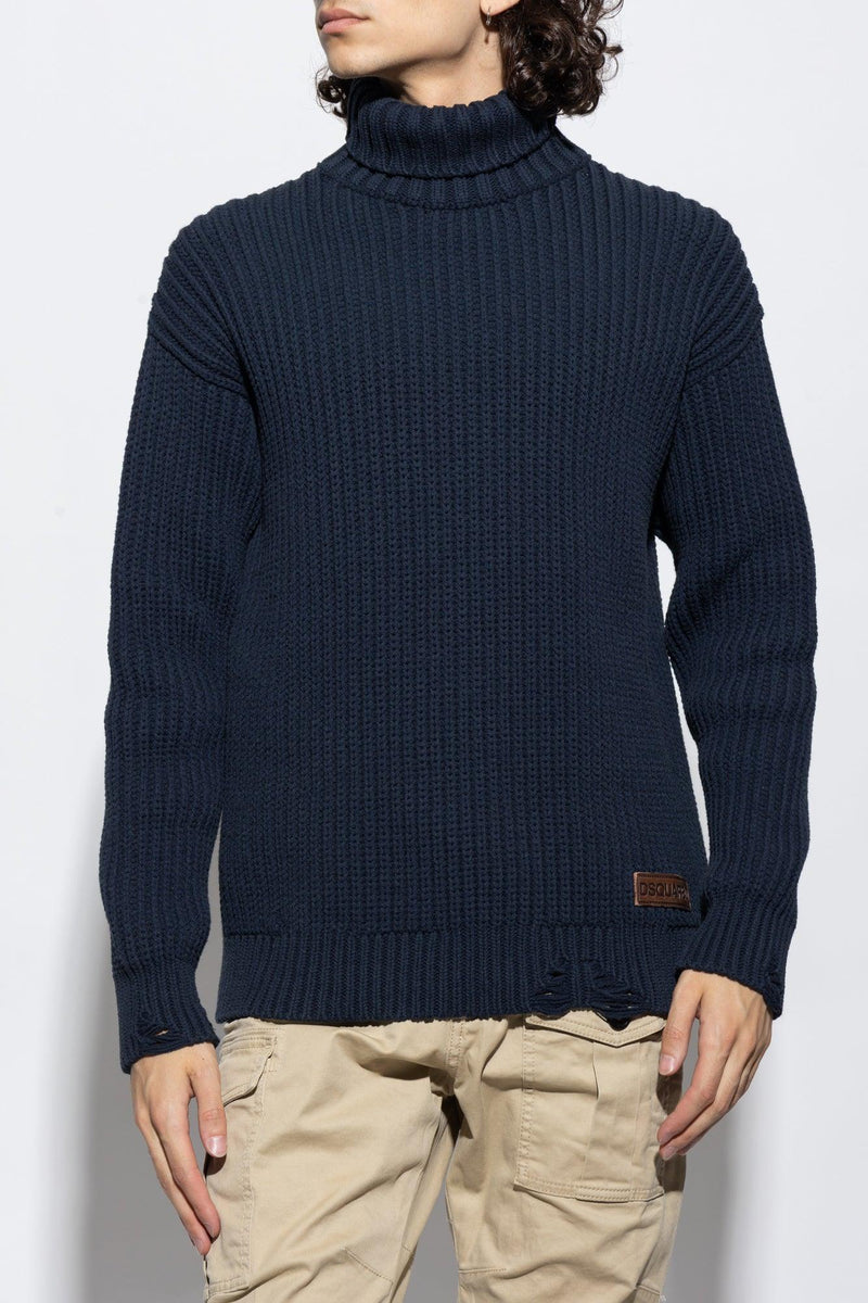 Dsquared2 Navy Blue Sweater With Double Collar - Men - Piano Luigi