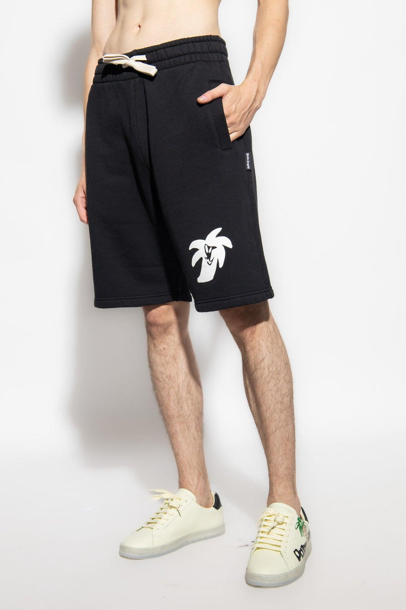 Palm Angels Black Shorts With Motif Of Palm Trees - Men - Piano Luigi