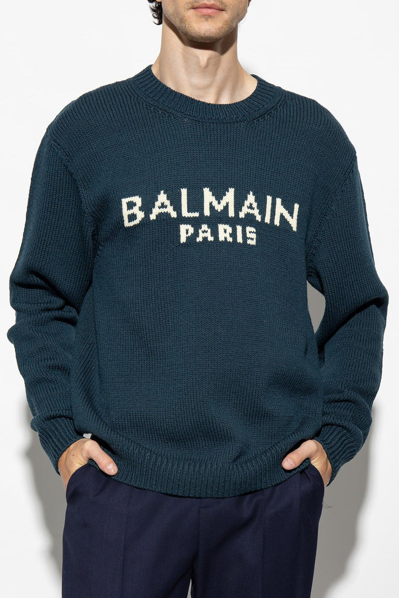 Balmain Navy Blue Sweater With Logo - Men - Piano Luigi