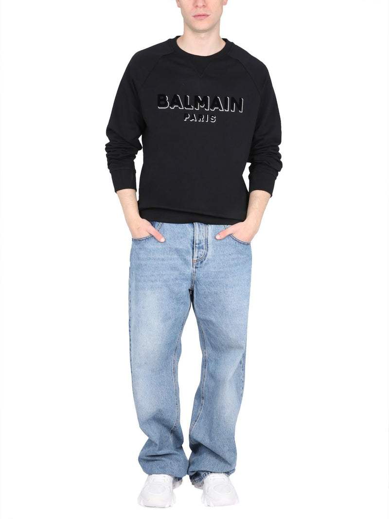 Balmain Black Crewneck Sweatshirt With 3d Effect Logo Print In Organic Cotton Man - Men - Piano Luigi