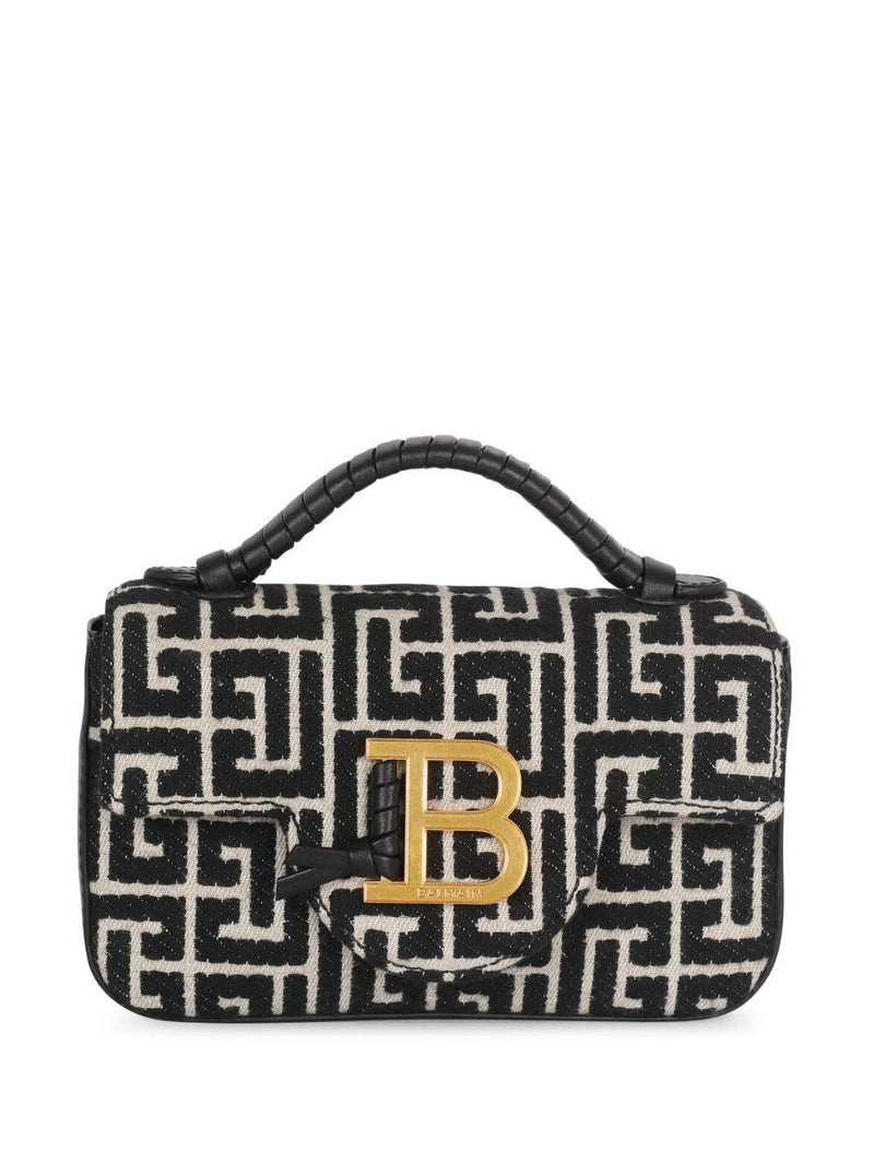 Balmain b-buzz Mini Black And White Handbag With Logo Buckle And Monogram In Jacquard Canvas Woman - Women - Piano Luigi