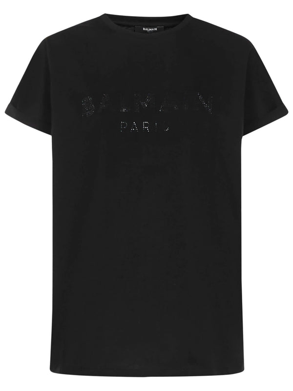 Balmain Black Crewneck T-shirt With Tonal Rhinestones Logo Detail In Cotton Woman - Women - Piano Luigi