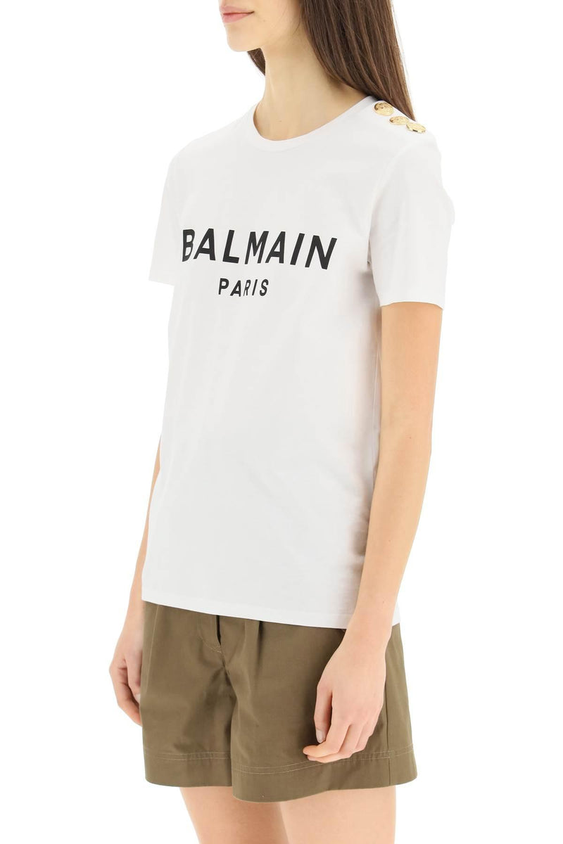 Balmain White T-shirt With Black Logo And Golden Buttons - Women - Piano Luigi