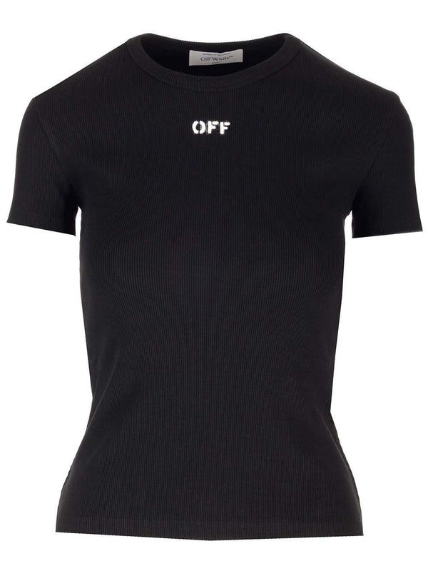 Off-White Ribbed T-shirt With Logo - Women - Piano Luigi