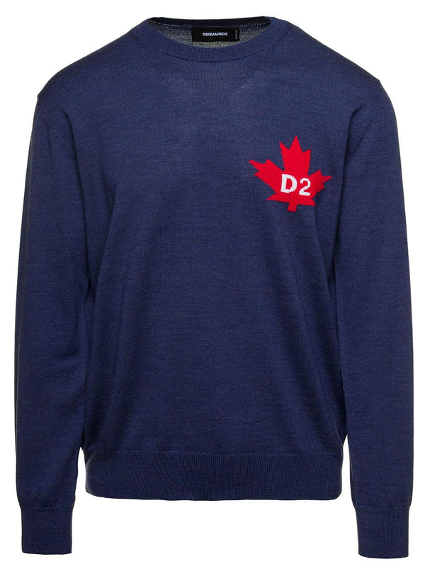 Dsquared2 Blue Long Sleeved Pullover With D2 Logo Print In Wool Man - Men - Piano Luigi