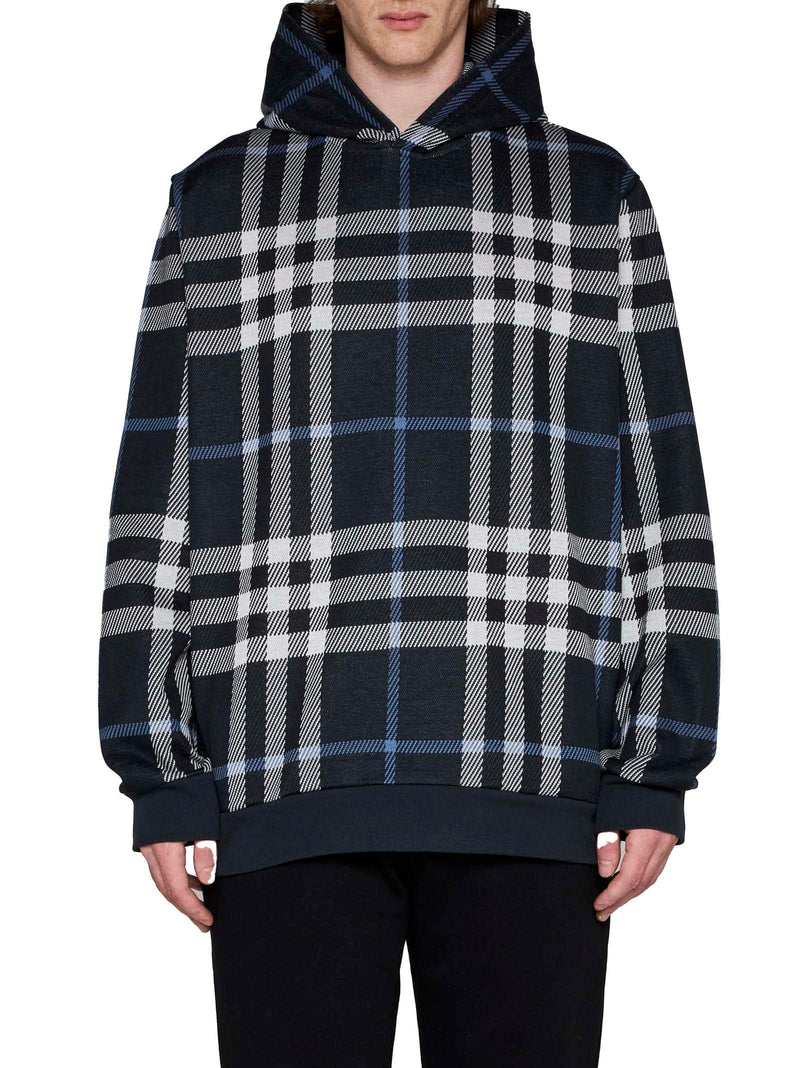 Burberry Blue Hoodie With All-over vintage Check In Cotton Man - Men - Piano Luigi