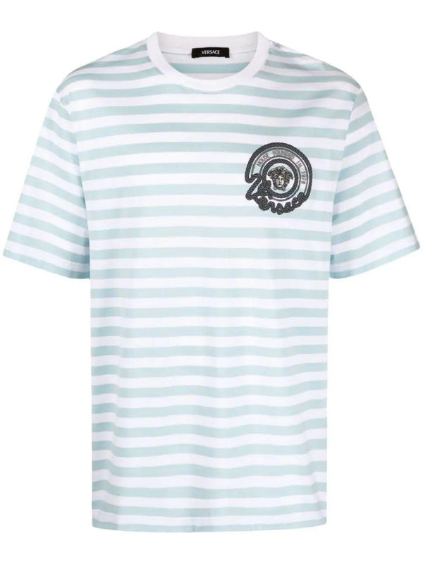 Versace T-shirt Striped Jersey Fabric + Embroidered Nautical Emblem - Men - Piano Luigi