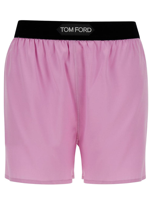 Tom Ford Pink Satin Shorts With Logo On Waistband In Stretch Silk Woman - Women - Piano Luigi