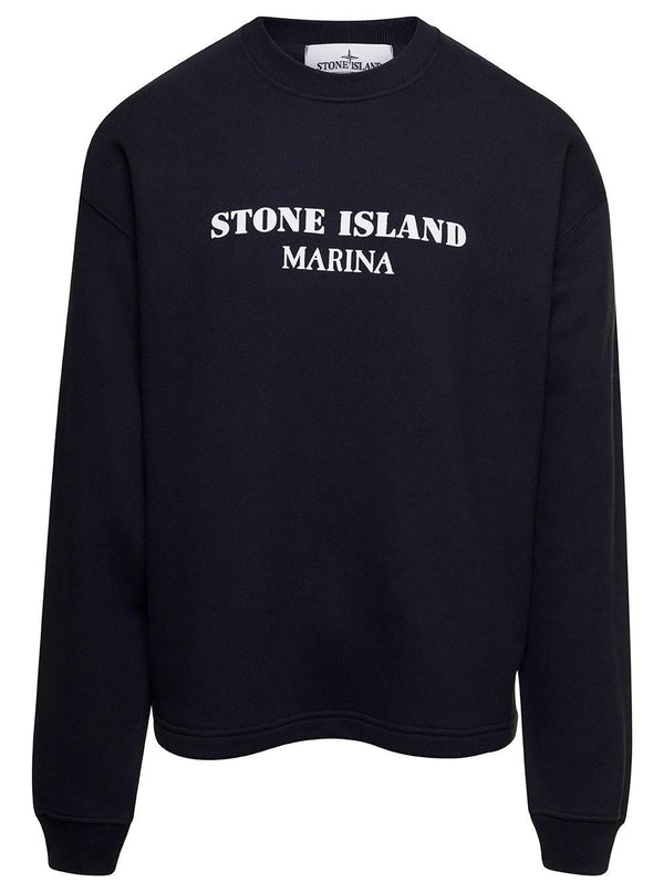 Stone Island Black Crewneck Sweatshirt With Contrasting Logo Print In Cotton Man - Men - Piano Luigi