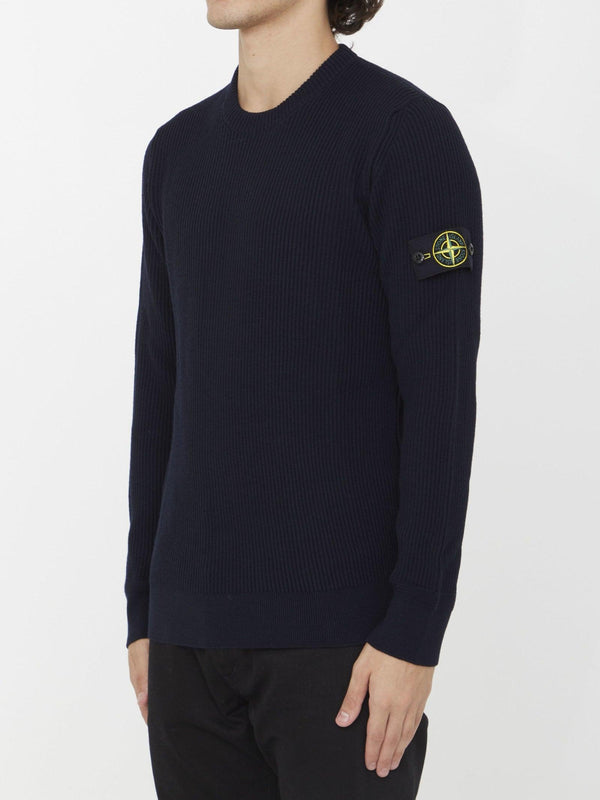 Stone Island Navy Blue Ribbed Knitted Crew Neck Sweater - Men