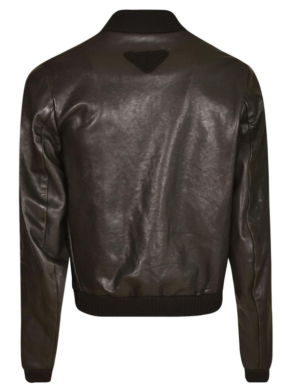 Prada Logo Patch Rib Trim Zipped Leather Jacket - Men - Piano Luigi