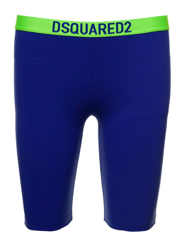 Dsquared2 Blue And Bright Green Biker Shorts With Logo Waistband In Stretch Polyamide Woman D-sqaured2 - Women - Piano Luigi