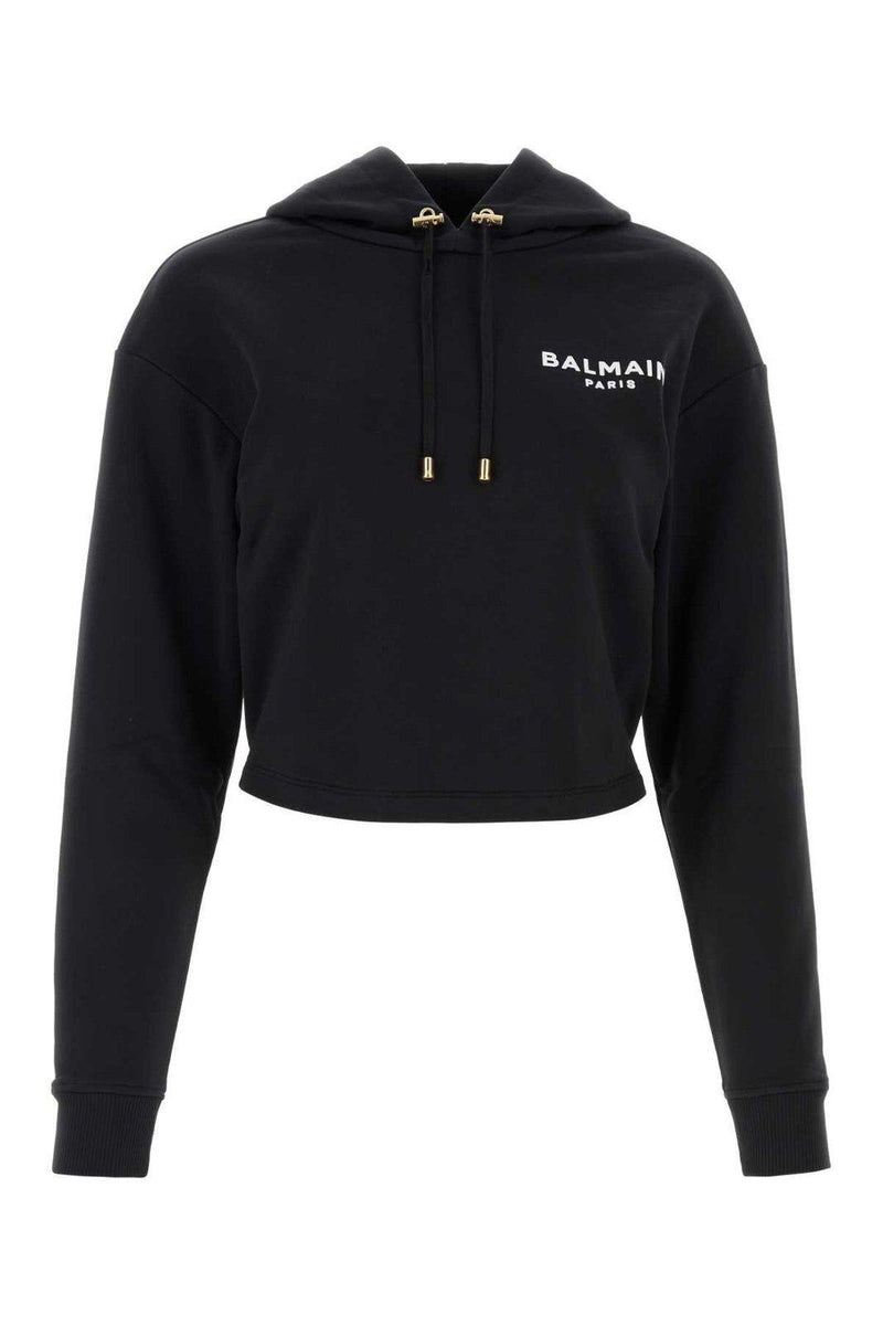 Balmain Flocked Logo Cropped Hoodie - Women - Piano Luigi