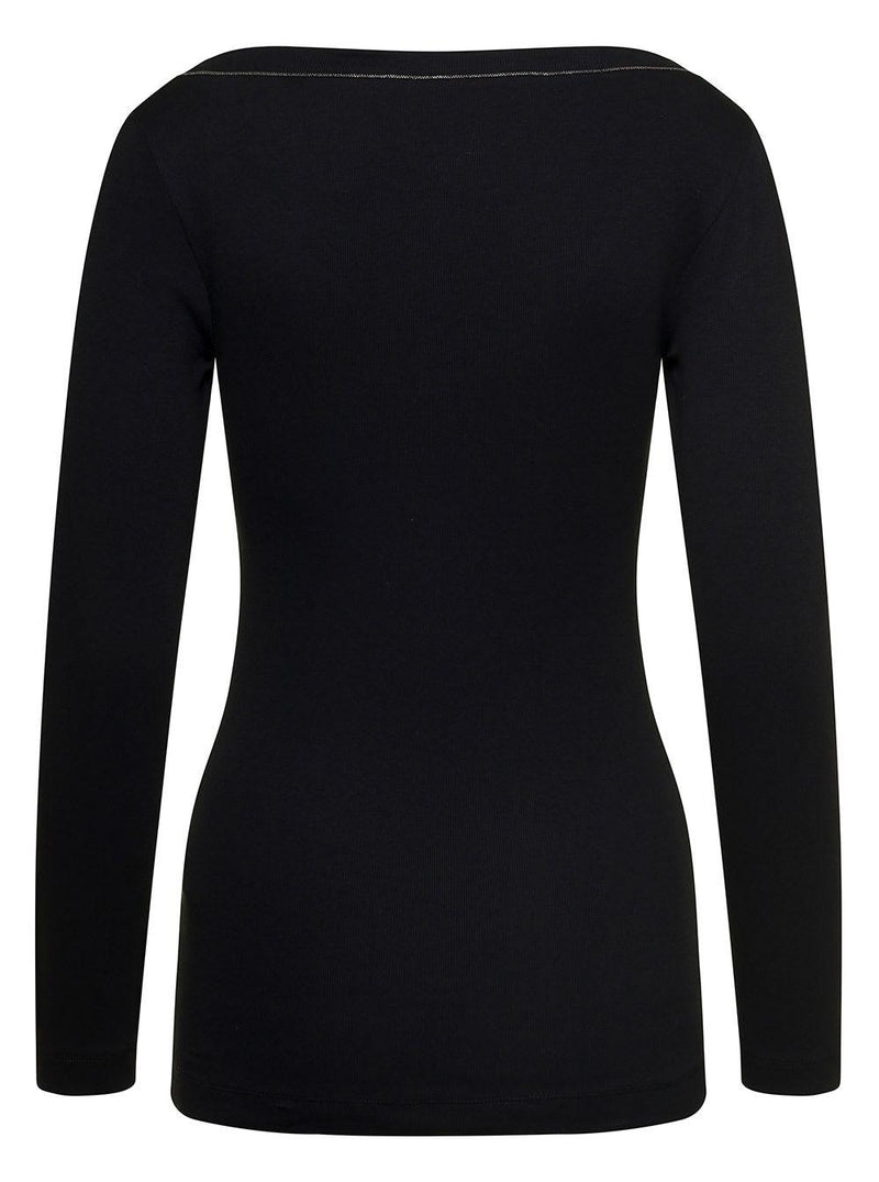 Brunello Cucinelli Black V-neck Pullover With Beads Detailing In Stretch Cotton Woman - Women - Piano Luigi