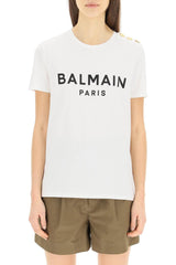 Balmain White T-shirt With Black Logo And Golden Buttons - Women - Piano Luigi